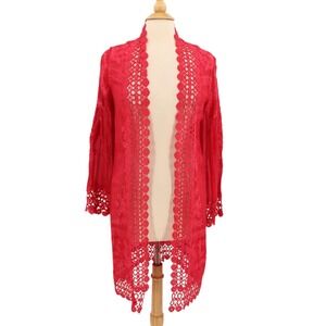 Soft Surroundings Open Front Long Cardigan Women XS Red Embroidered Boho